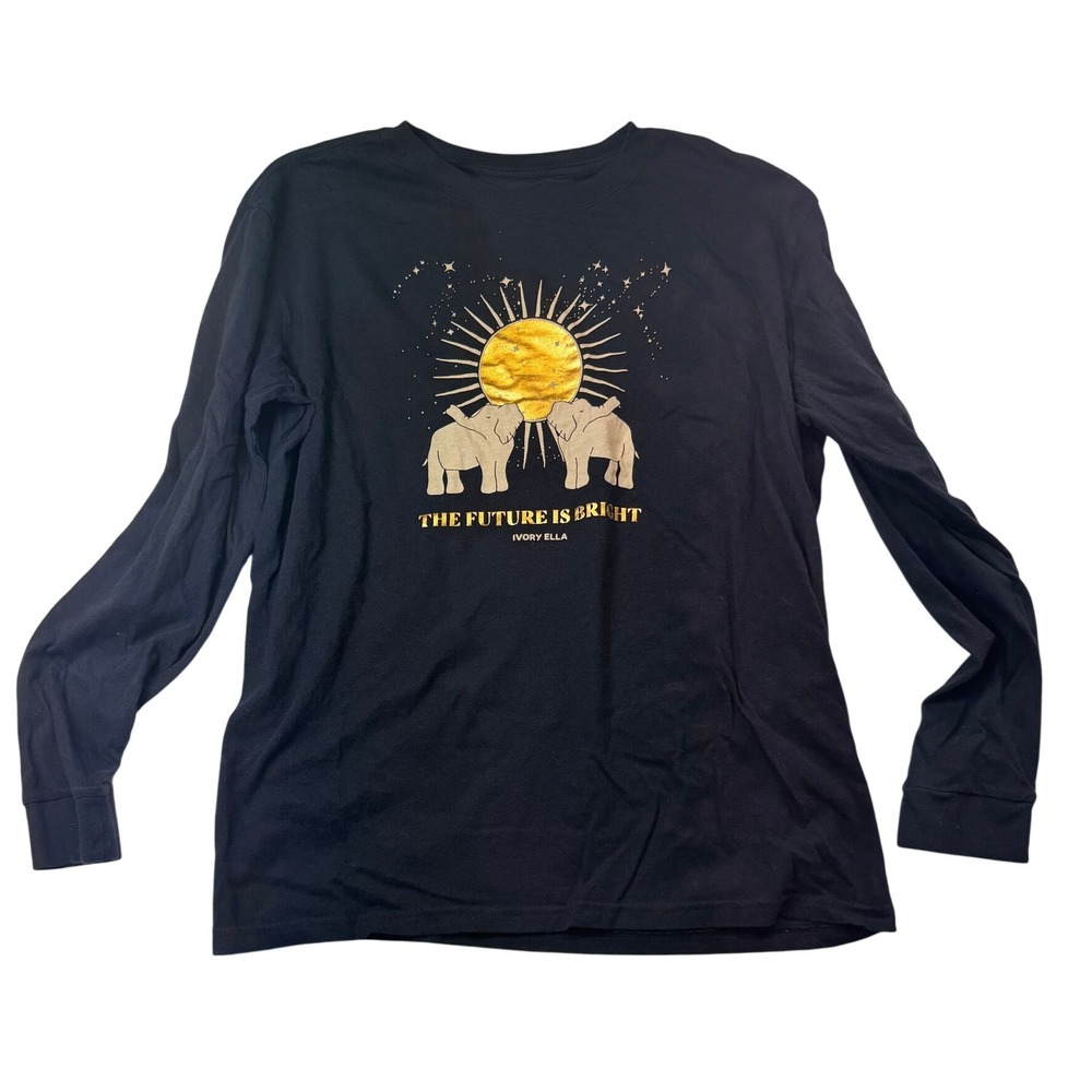 Ivory Ella‎ Womens Long Sleeve TShirt Black Elephants The Future Is Bright L